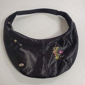 Vintage Lei Women Y2K Asian Embroidered Crescent Satin Hand Bag Black Coachella